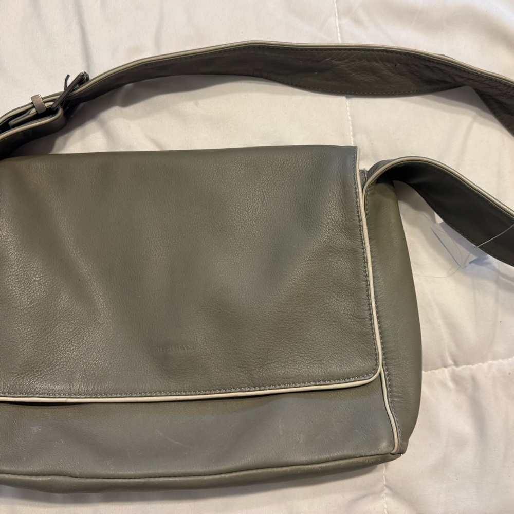Gray Leather Shoulder Bag with Metallic Hardware